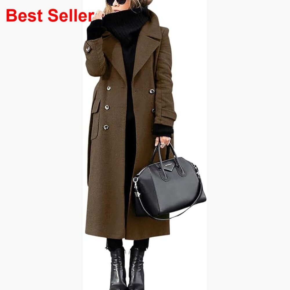 Women's Winter Wool Blend Pea Coat with Belt Double Breasted Midi